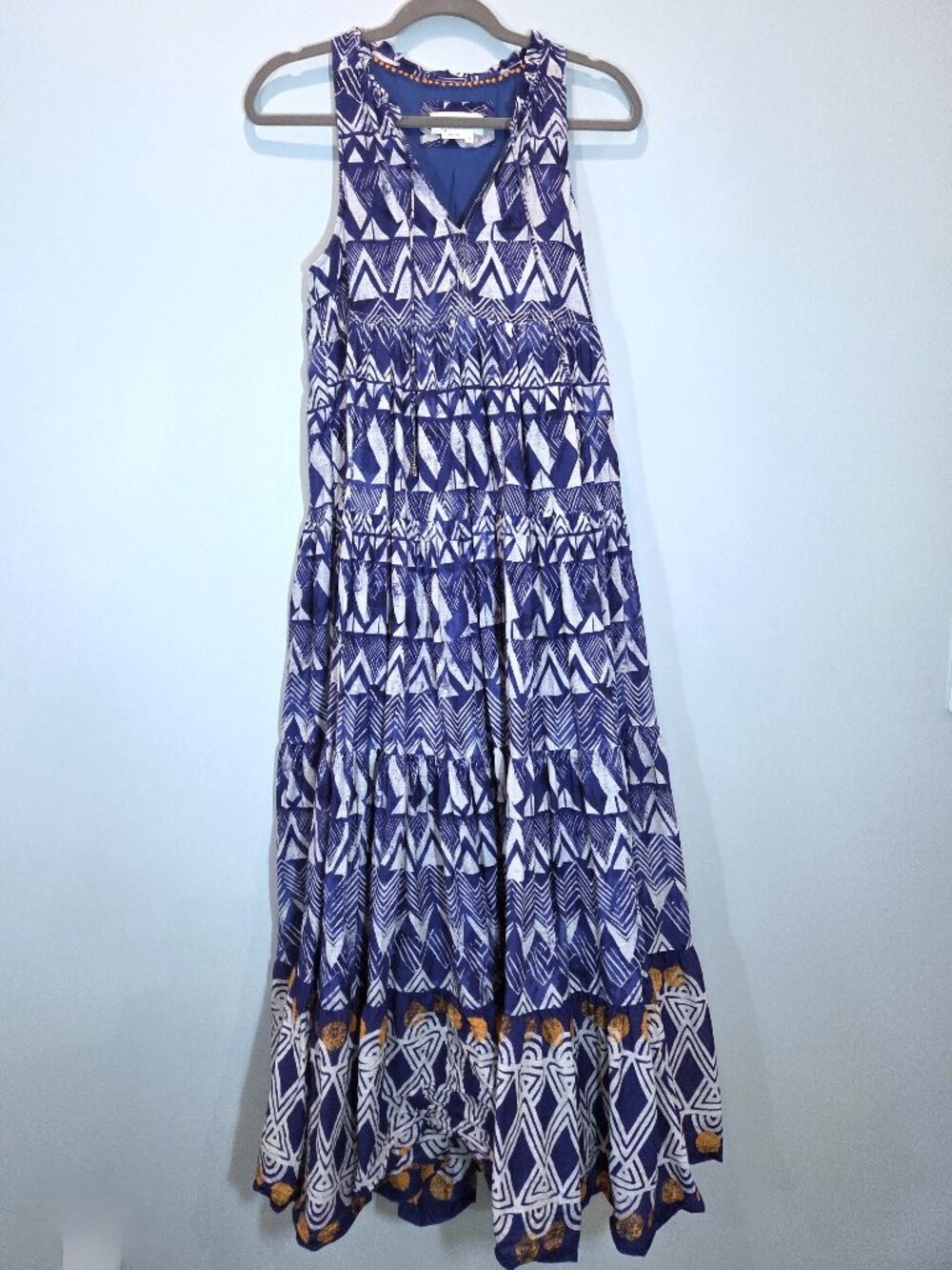 Anthropologie Blue & White Geometric Print Cotton Maxi Dress Size XS